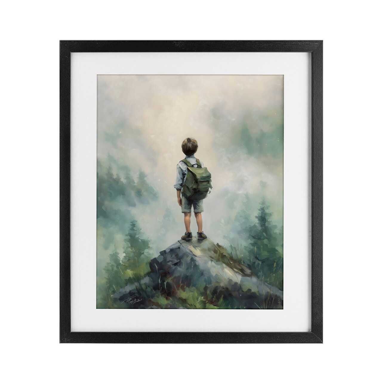 Stupell Industries Boy Adventurer Atop Mountain Framed Print Under Glass, design by Arlington Prints